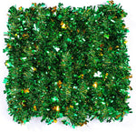 Aiyomt St Patricks Day tinsel garland front view showing green and gold shamrock sequins.