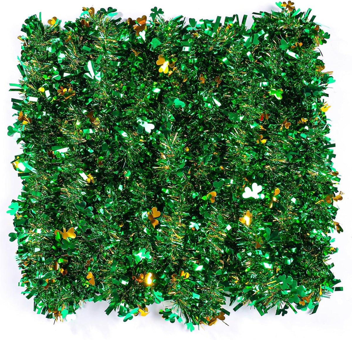Aiyomt St Patricks Day tinsel garland front view showing green and gold shamrock sequins.