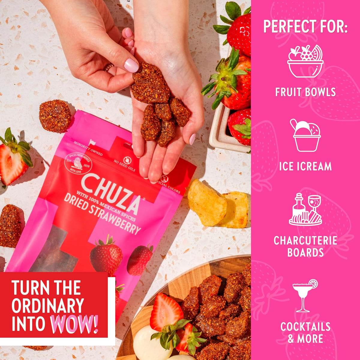 Authentic Mexican spice coated dried strawberry snacks