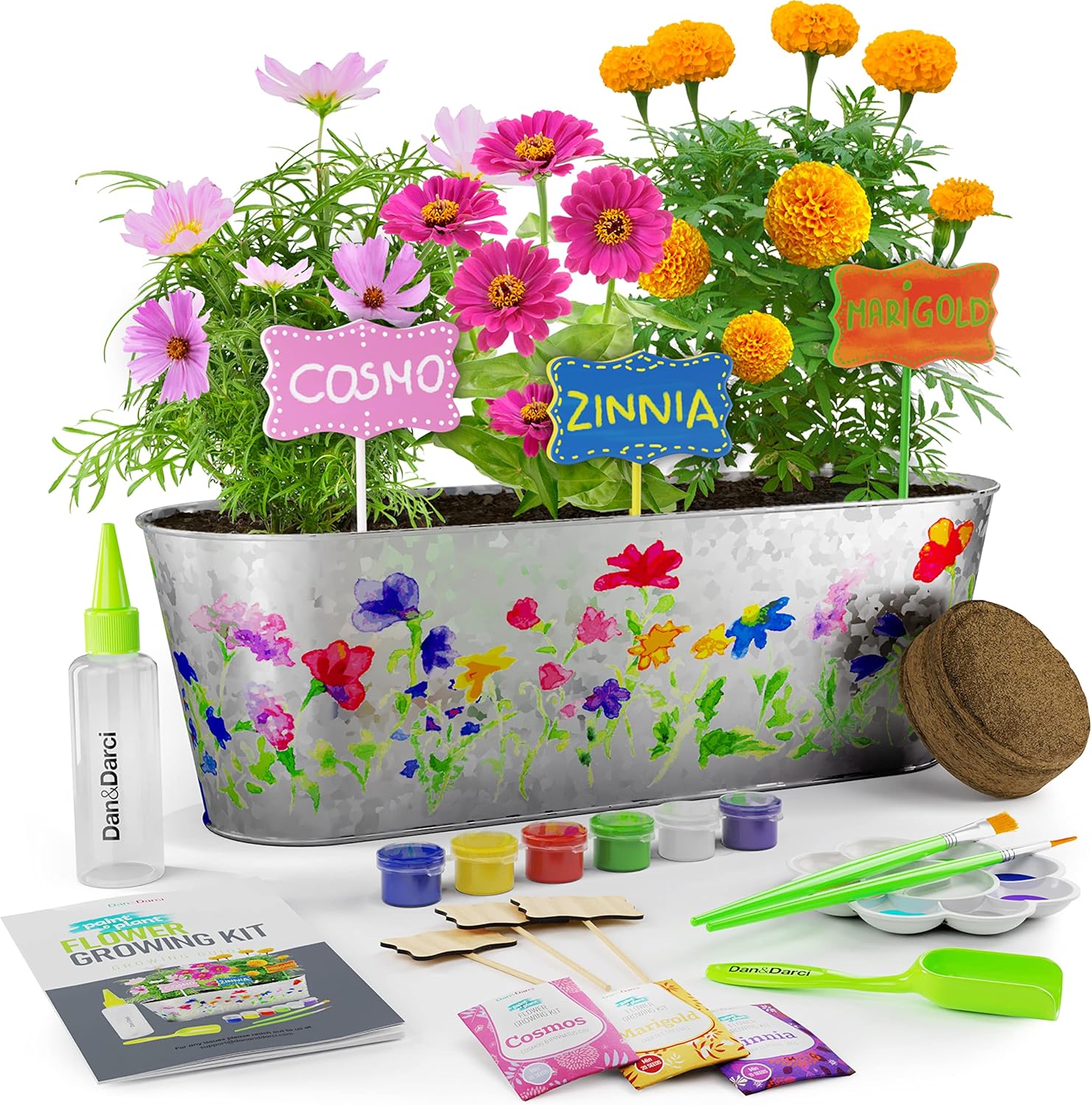 Dan and Darci paint and plant flower growing kit front view showcasing the decorated rustic tin planter.