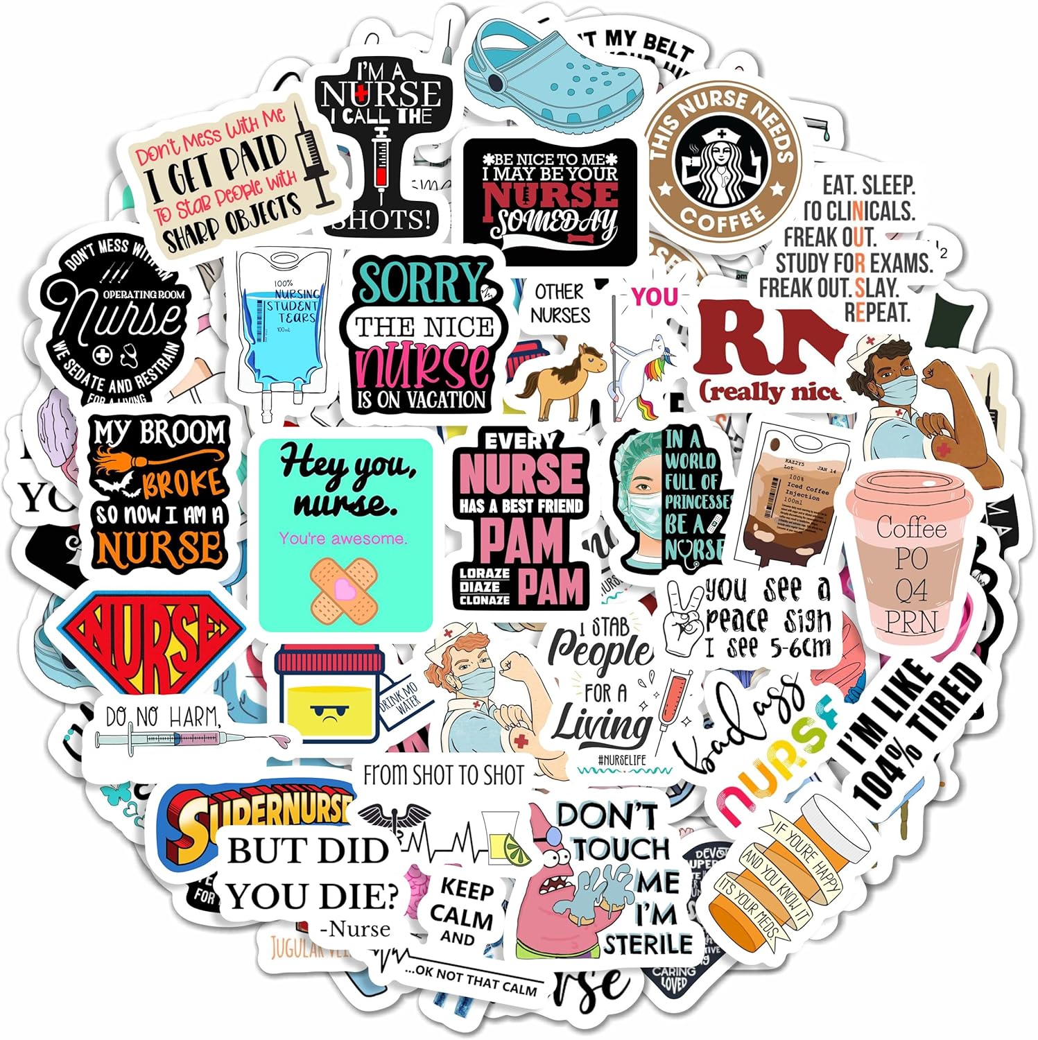 BulbaCraft funny nurse stickers front view layout showing various colorful vinyl medical decals spread out.