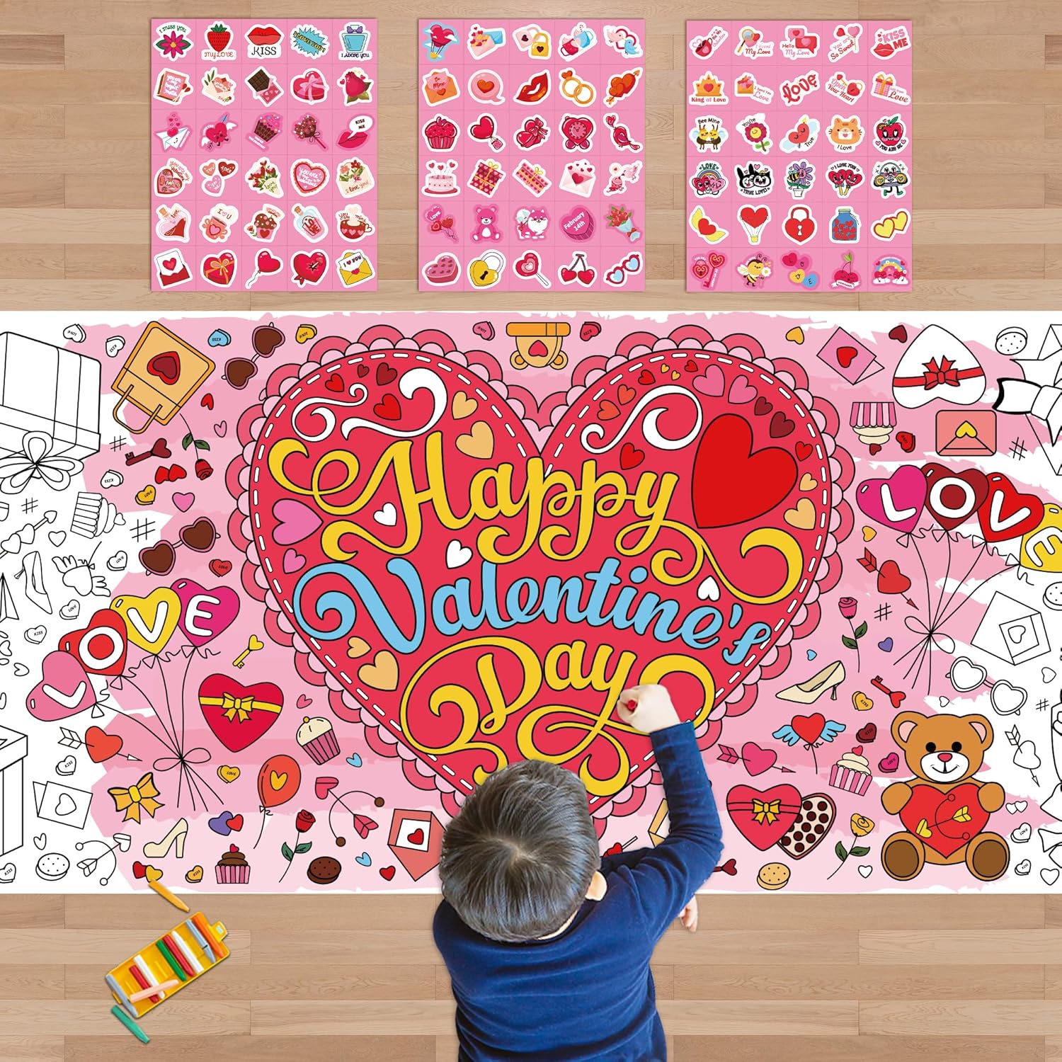 OHOME Valentines Day Stickers and Giant Coloring Poster Kit front view featuring the packaged holiday craft supplies for kids.