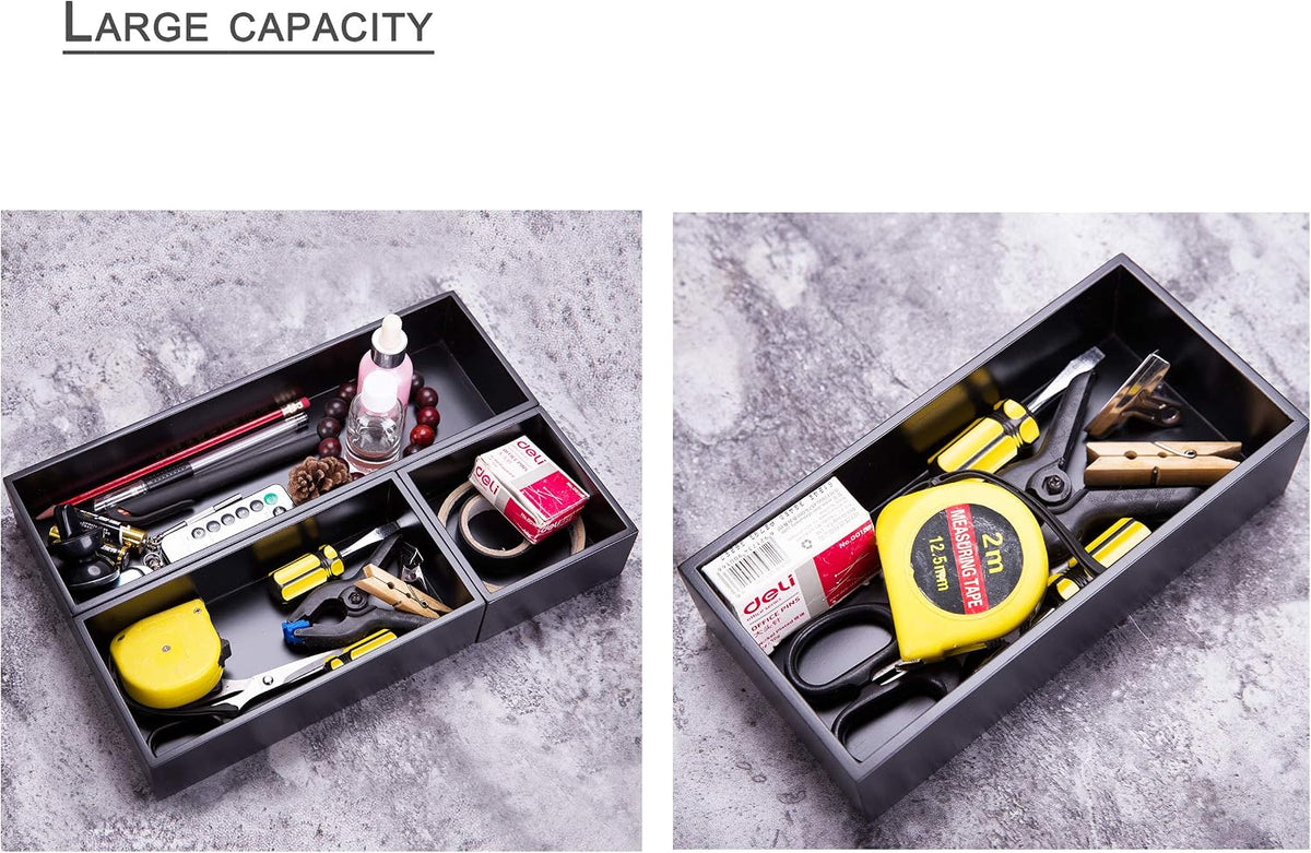 Sansnow rectangular wooden organizer tray used on a modern vanity desk.