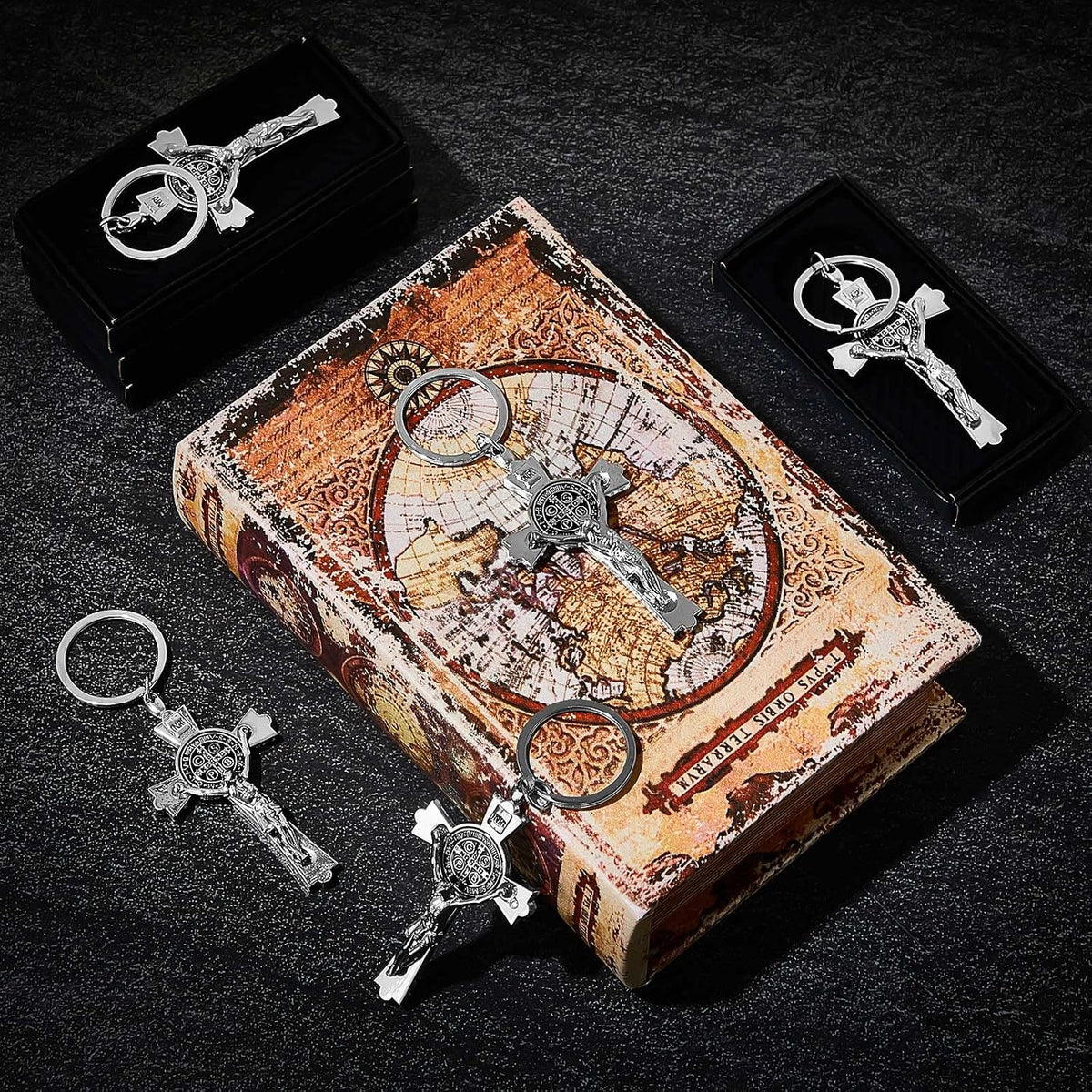 Full set layout displaying all 24 pieces of the religious keychain pack.