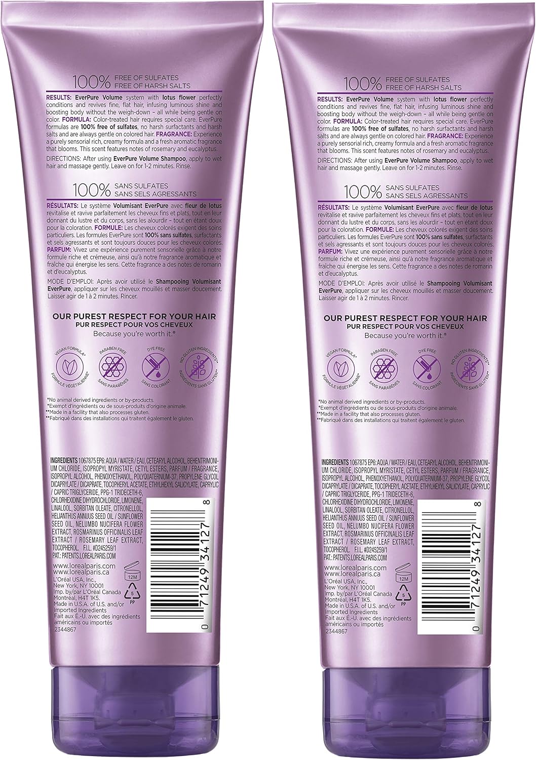 L'Oreal Paris EverPure Volume Conditioner back label with ingredients and usage details