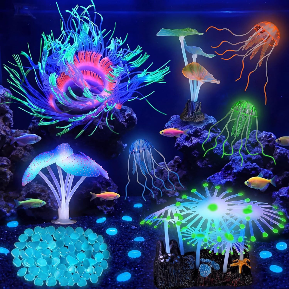 Weewooday 57 Piece Glowing Aquarium Decorations Set showcasing the complete kit under actinic blue lighting.
