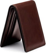 Bosca dark brown bifold wallet open view showing card slots