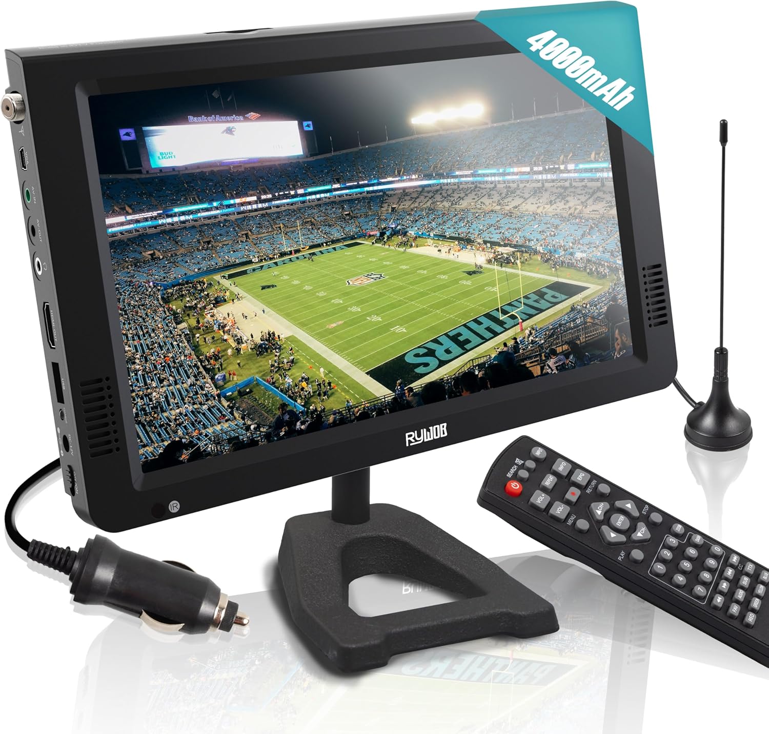Rywob portable television front view showing ten inch screen on black stand