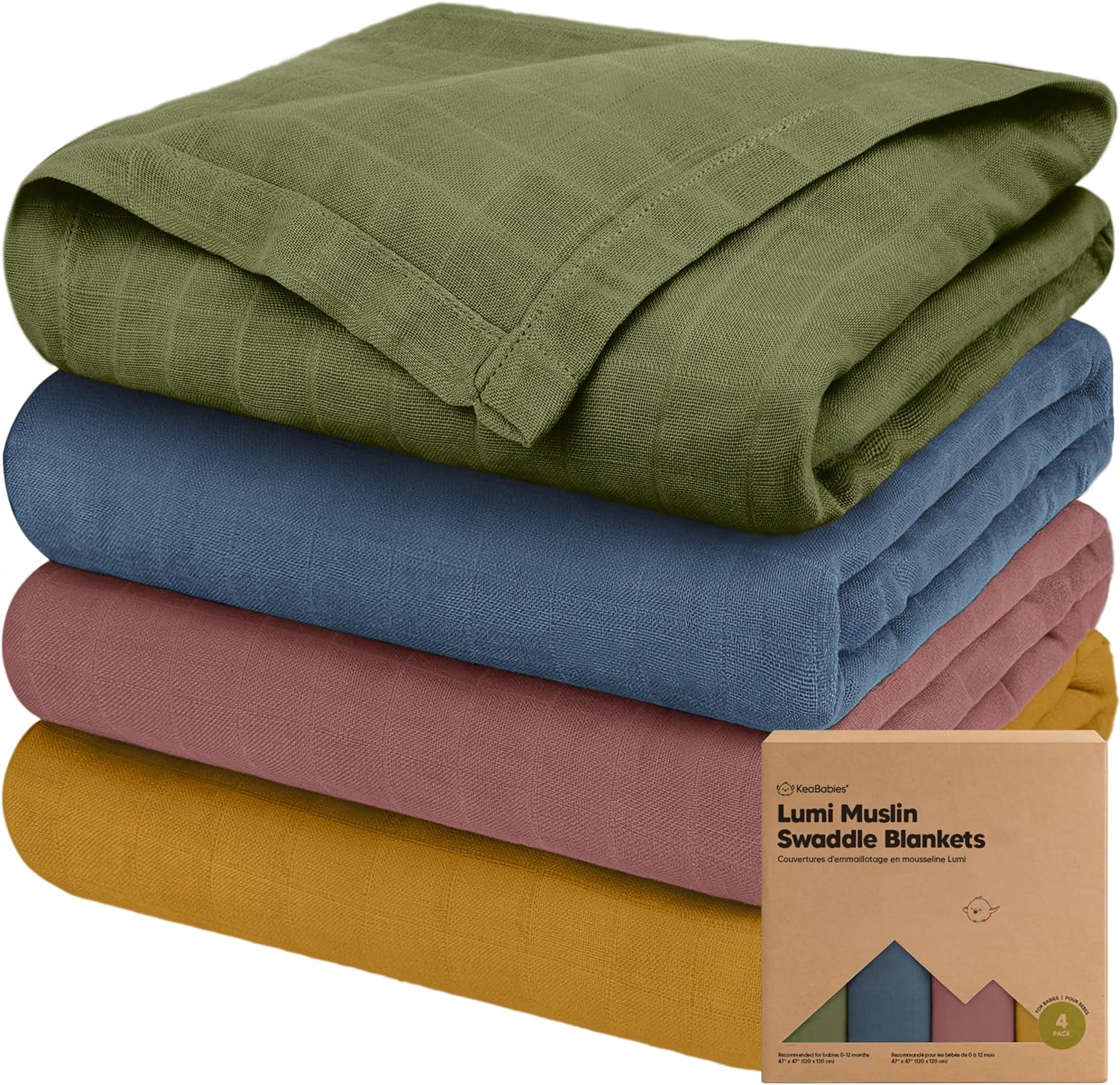 KeaBabies 4-Pack Lumi Muslin Swaddle Blankets front view in gift box