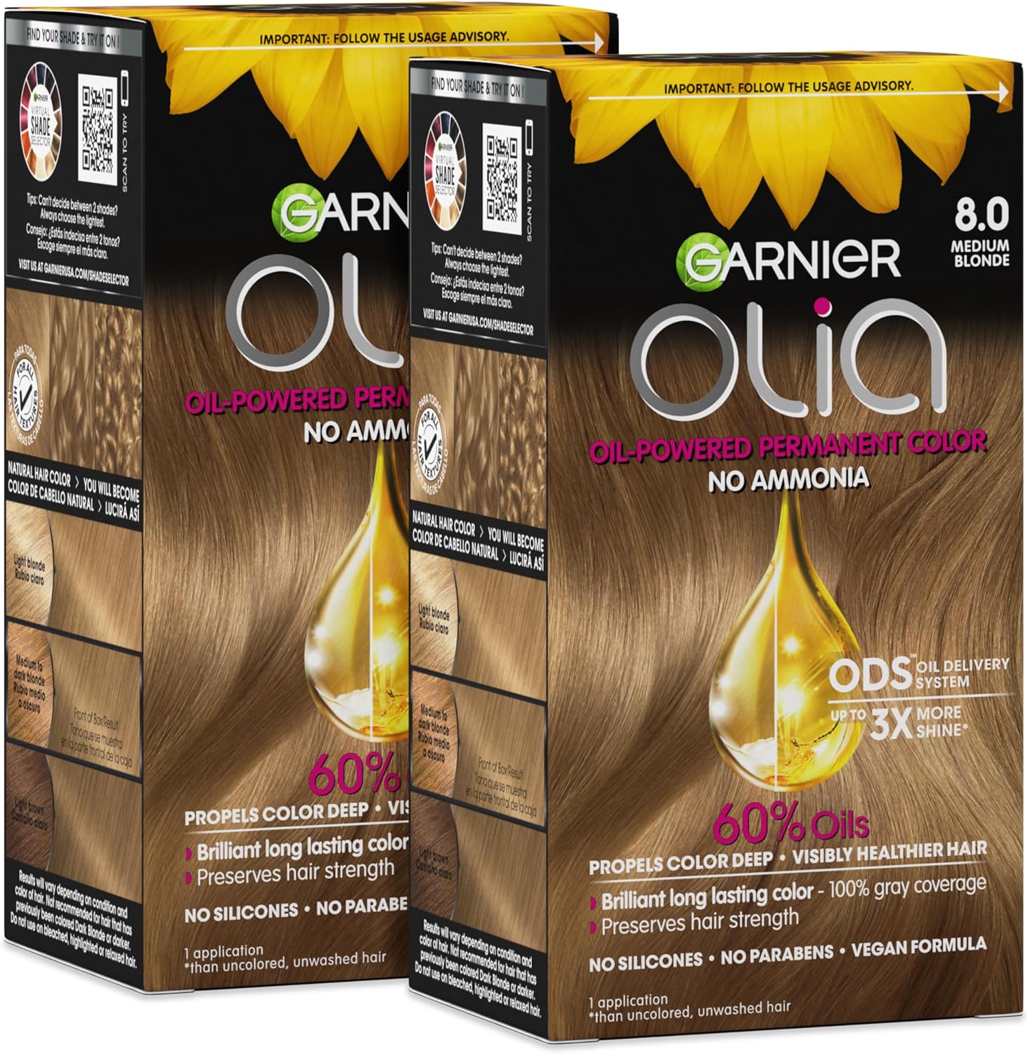 Garnier Olia 8.0 Medium Blonde permanent hair color front view.