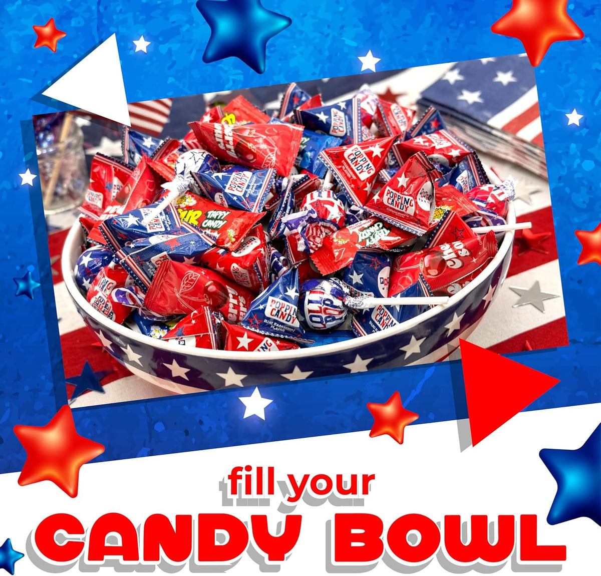 Party candy buffet setup featuring the imported patriotic theme lollipops and cherry sours.