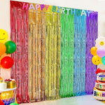 Jebutu rainbow foil fringe backdrop curtains pack of two front view for party decorations