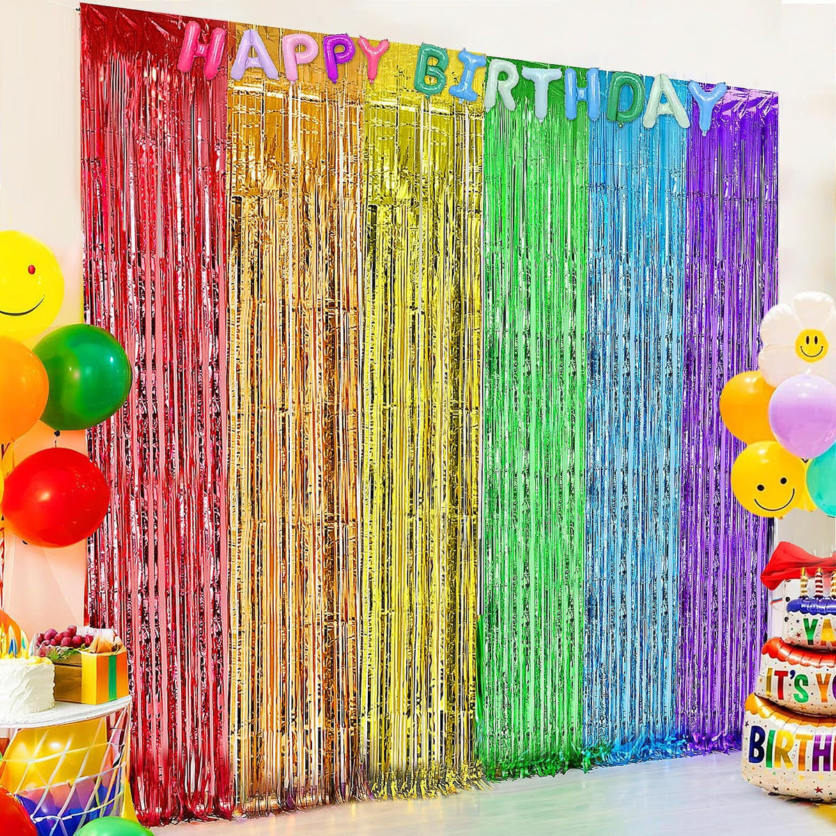 Jebutu rainbow foil fringe backdrop curtains pack of two front view for party decorations