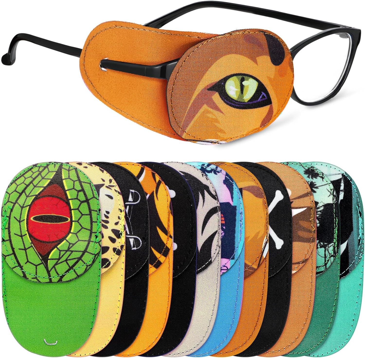 Newcotte 12 Piece Kids Eye Patch front view showcasing colorful spooky patterns