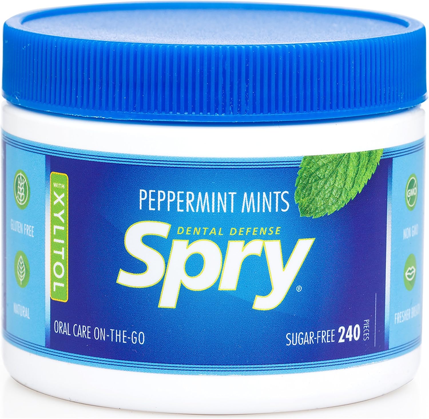 Spry Xylitol Breath Mints Peppermint 240 Count jar front view for dry mouth relief
