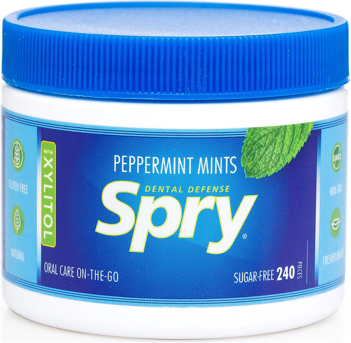 Spry Xylitol Breath Mints Peppermint 240 Count jar front view for dry mouth relief