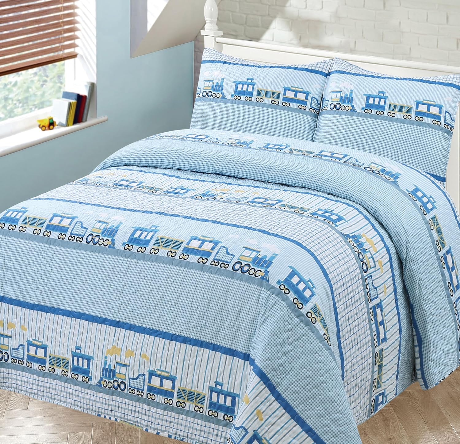 Kids Zone Home Linen train print bedding set twin size front view in a decorated kids bedroom
