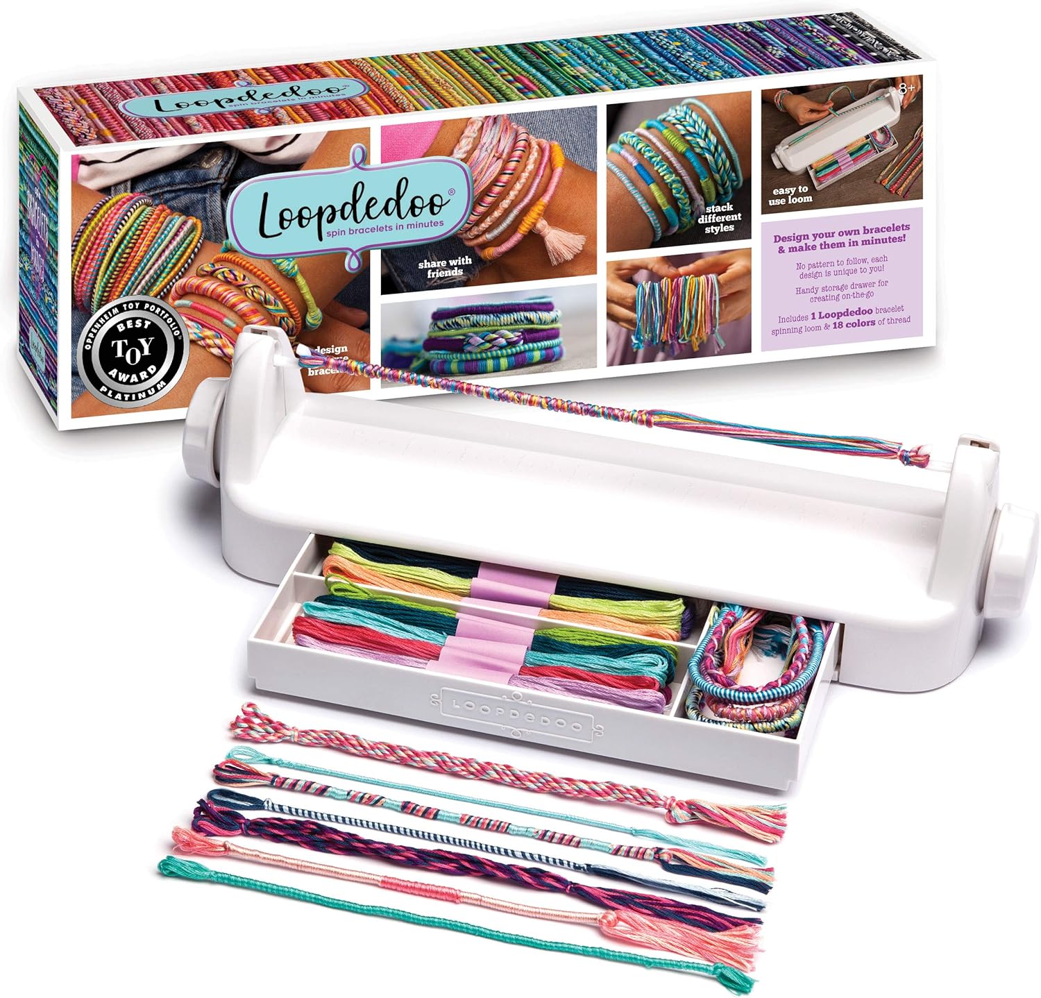 Loopdedoo DIY friendship bracelet maker spinning loom kit front view showing the white patented loom tool and colorful thread skeins.