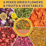 Sukh small pet food topper displaying dried flowers carrots and strawberries.