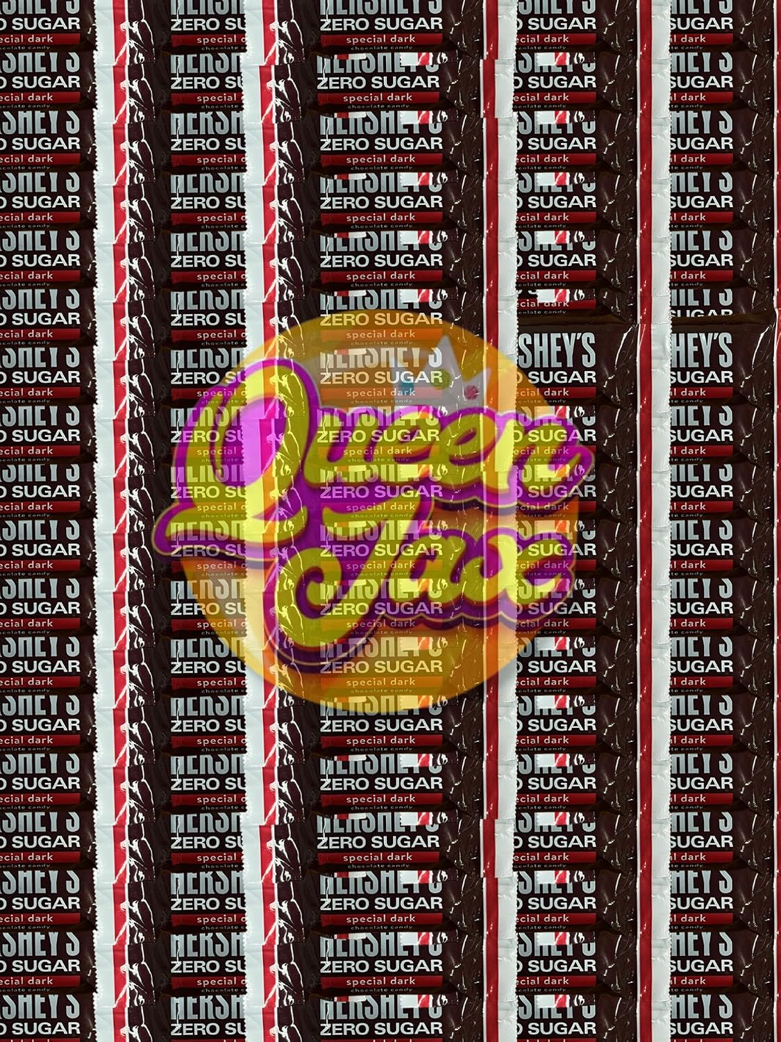 Nutritional information and bulk packaging display of Queen Jax zero sugar dark chocolates.