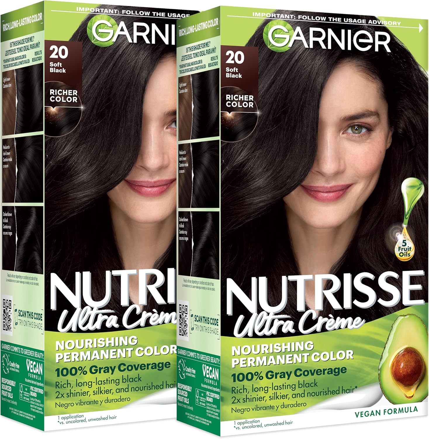 Nutrisse Ultra Creme hair color front view showing 20 Soft Black packaging