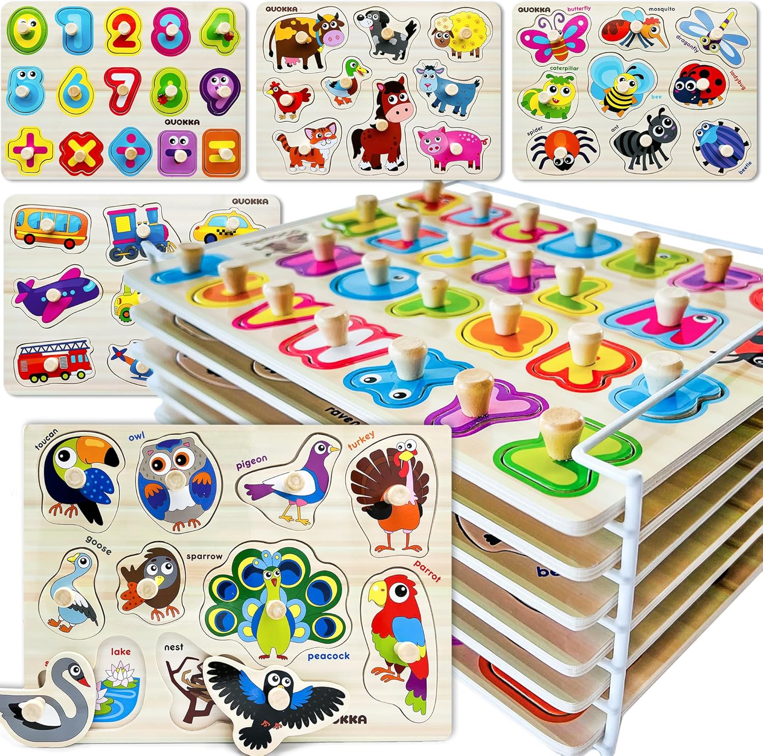 QUOKKA wooden toddler puzzles set of six with vertical storage rack front view showcasing colorful alphabet and numbers boards