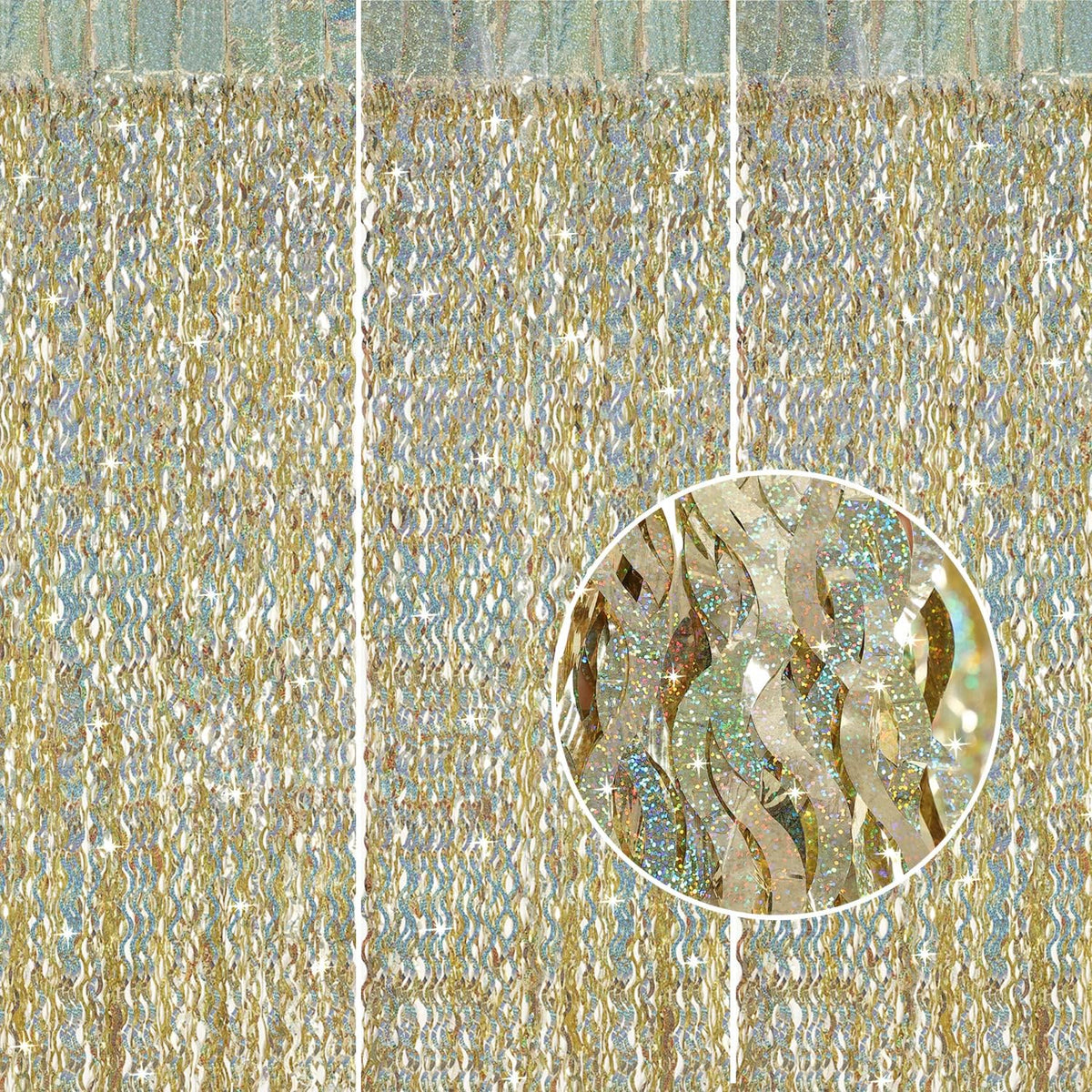 CYLMFC champagne gold foil fringe backdrop front view for premium party decor.