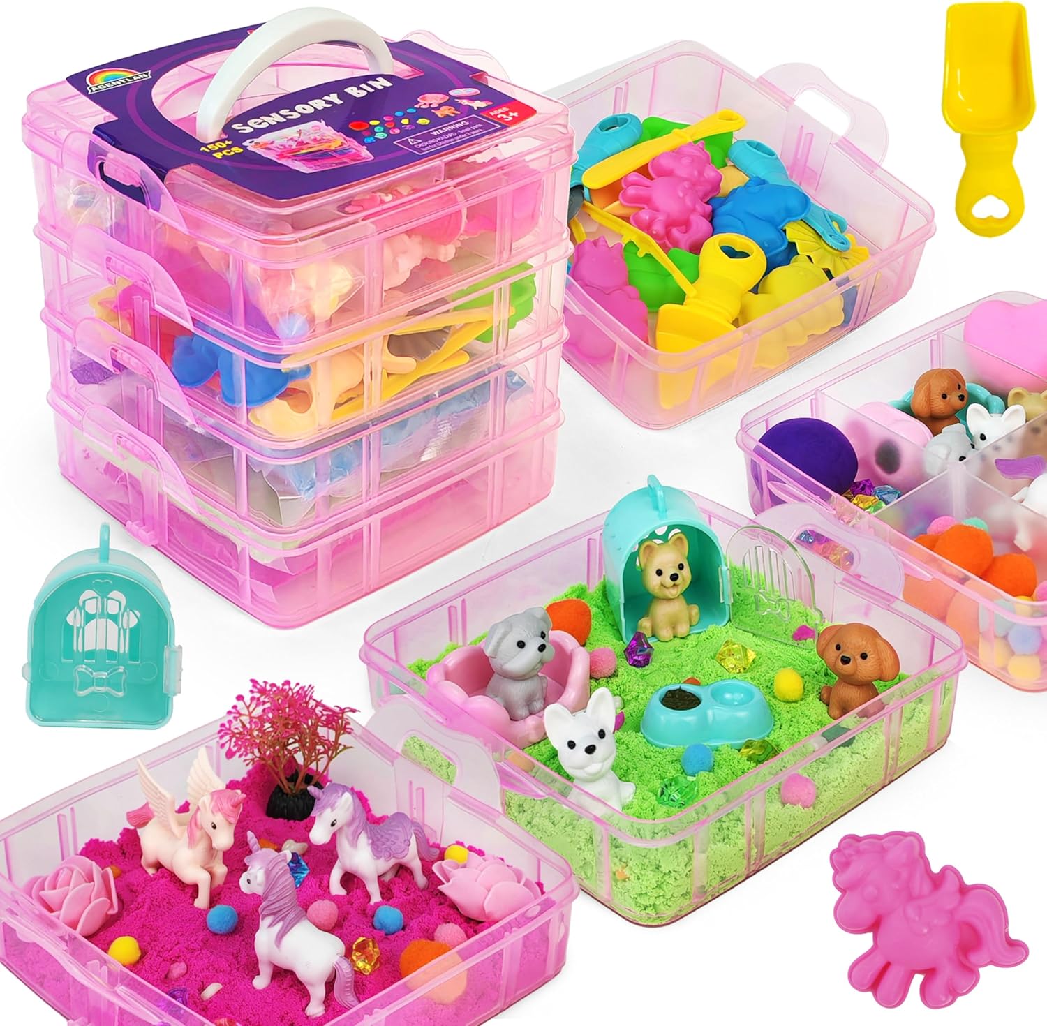 Mydova stackable sensory bin with unicorn and pet theme front view