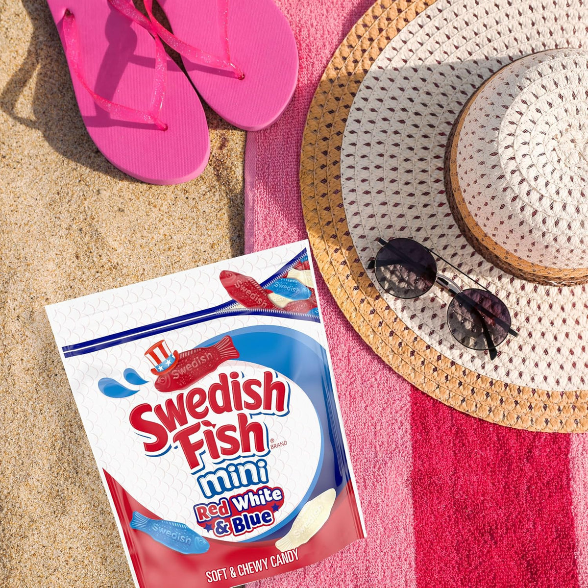 Group of colorful mini fish shaped chewy candies from USA import snack bag