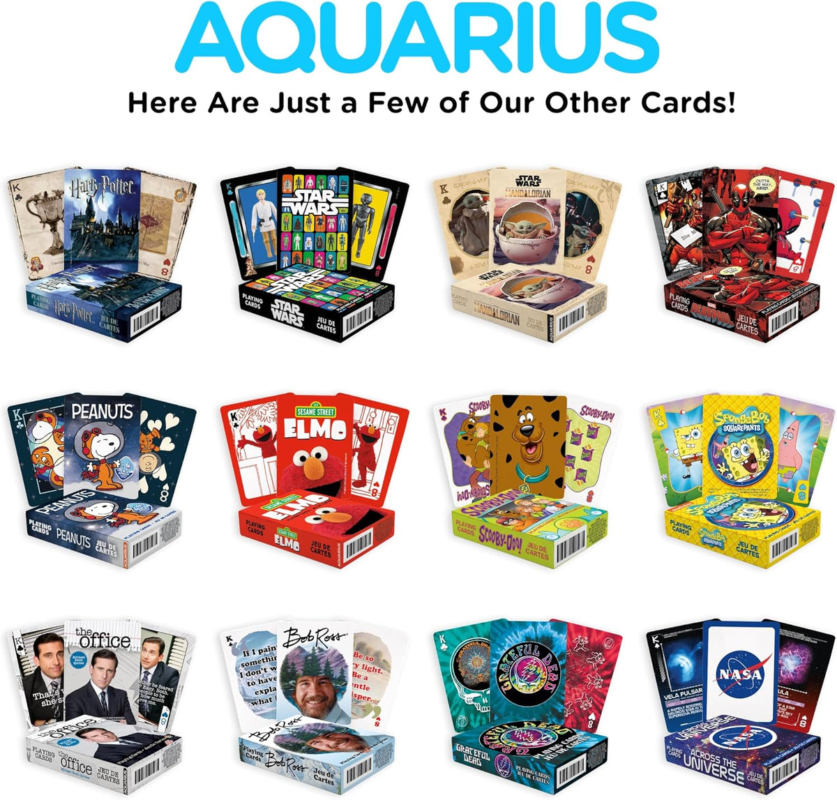 AQUARIUS Wonder Woman playing cards stacked next to the themed packaging box.