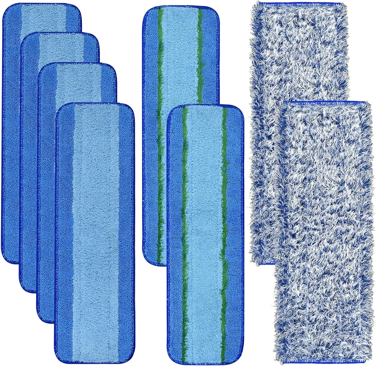 DLAIMI microfiber cleaning pad 8 pack front view showing blue and green floor mop refills