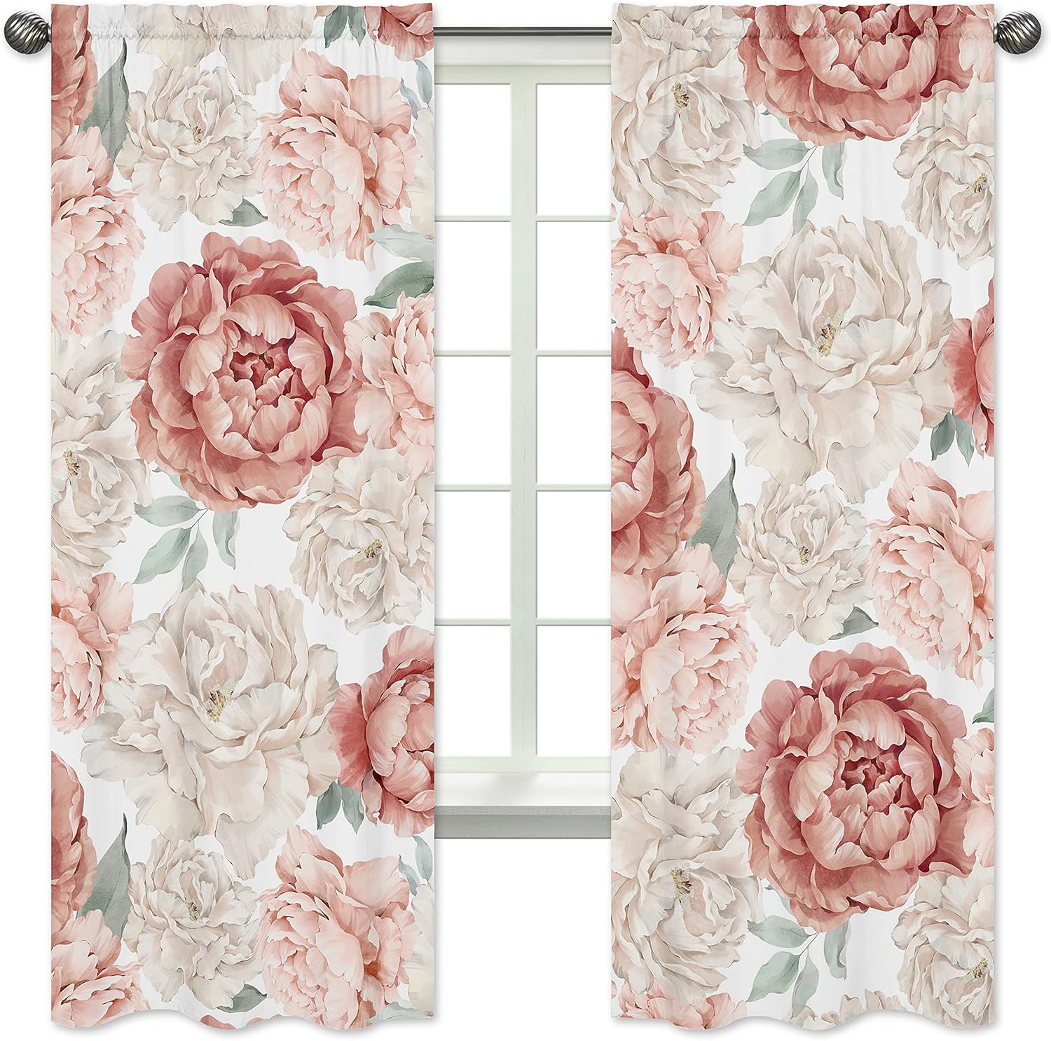 Sweet Jojo Designs blush pink boho floral window curtains front view in a stylish baby nursery.