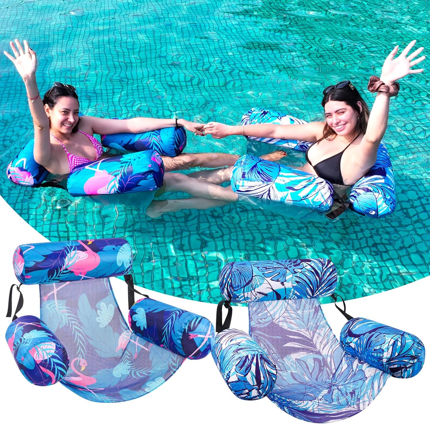 Happy Aplenty inflatable pool float chair front view showcasing the ergonomic blue water lounger design.