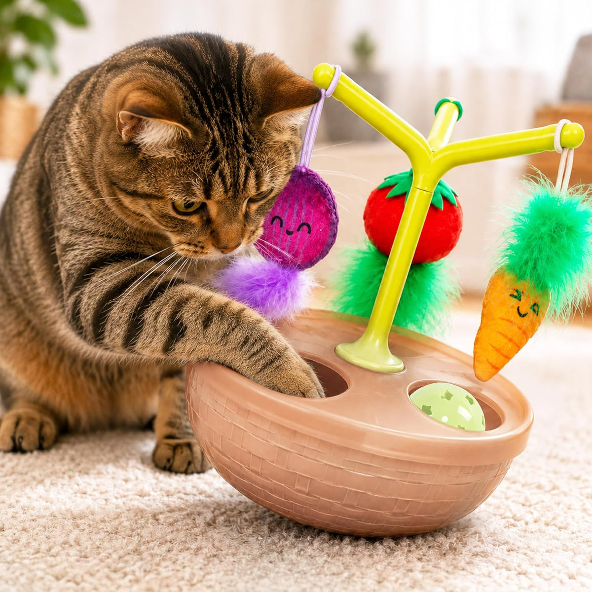 Catstages Hunt N Wobble Veggie Bowl demonstrated with active cat playing
