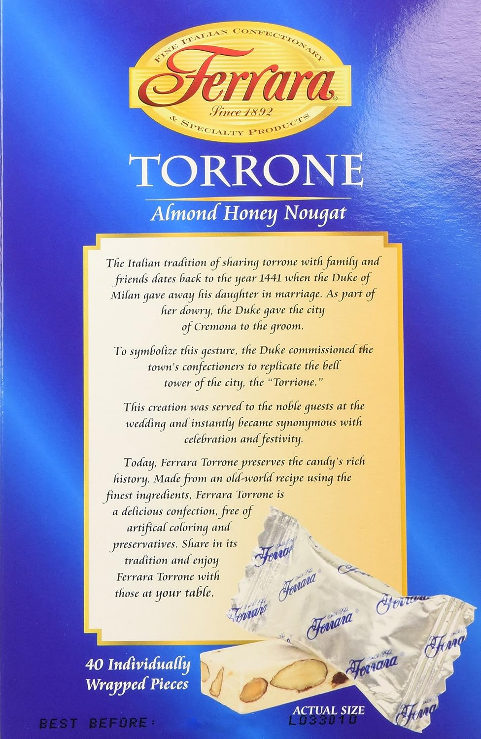 Side packaging details of Ferrara soft honey nougat forty piece box