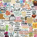 Yodeeni inspirational stickers front view assortment featuring various colorful motivational quotes on a flat surface.