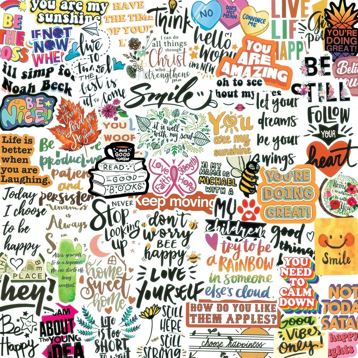Yodeeni inspirational stickers front view assortment featuring various colorful motivational quotes on a flat surface.