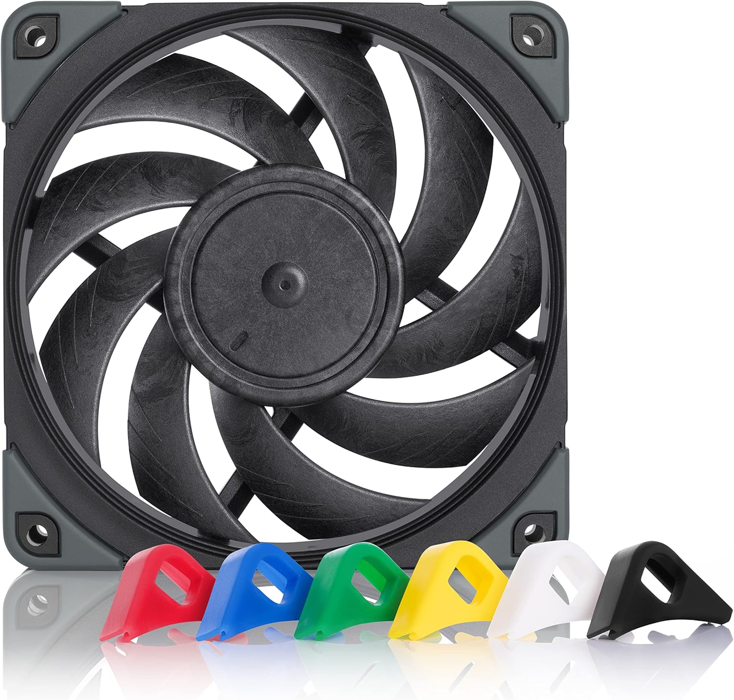 Noctua premium quiet cooling fan front view showing matte black blades and frame setup.
