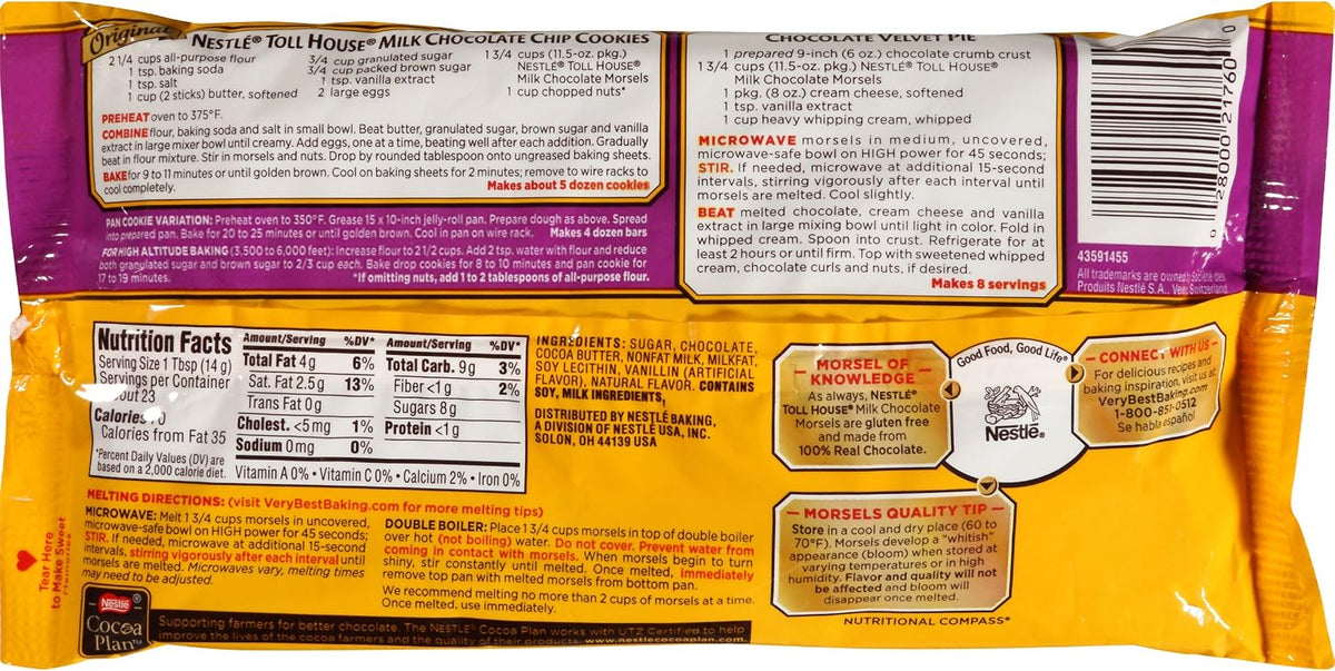 Close up of Nestle Toll House real milk chocolate baking chips