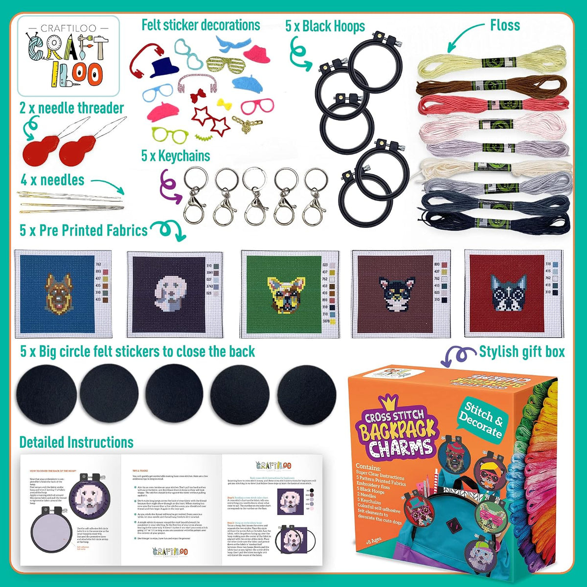 CRAFTILOO beginner embroidery kit colorful thread floss