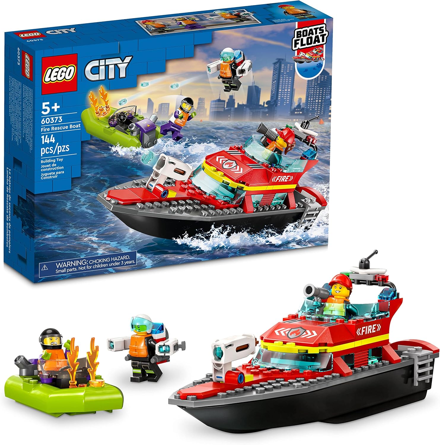 Lego City Fire Rescue Boat 60373 set front view showing boat and figures.