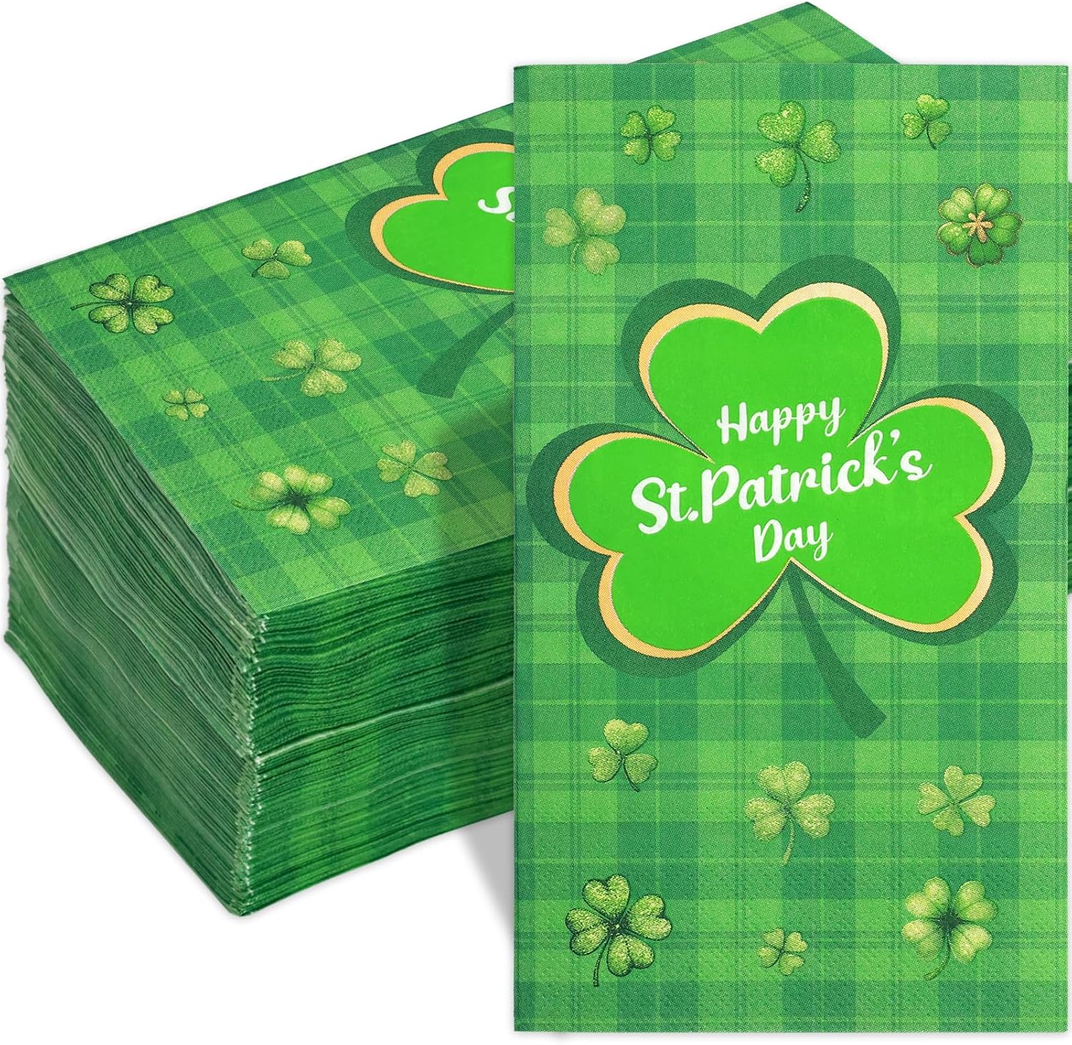 Ceiba Tree St Patricks Day Napkins front view showing green plaid shamrock design.