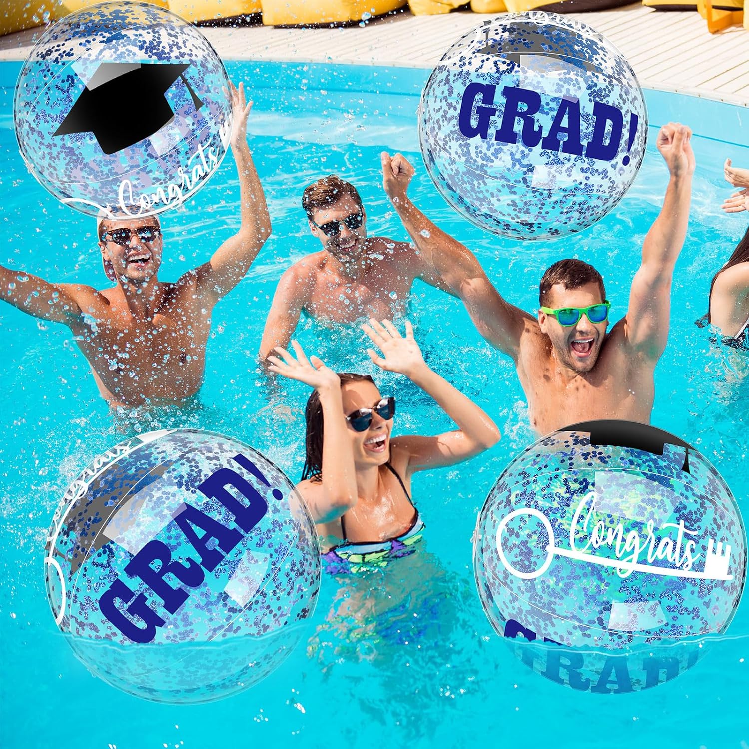Vertintong 16 Inch Graduation Inflatable Beach Balls pack of 10 front view showcasing blue congrats grad design.