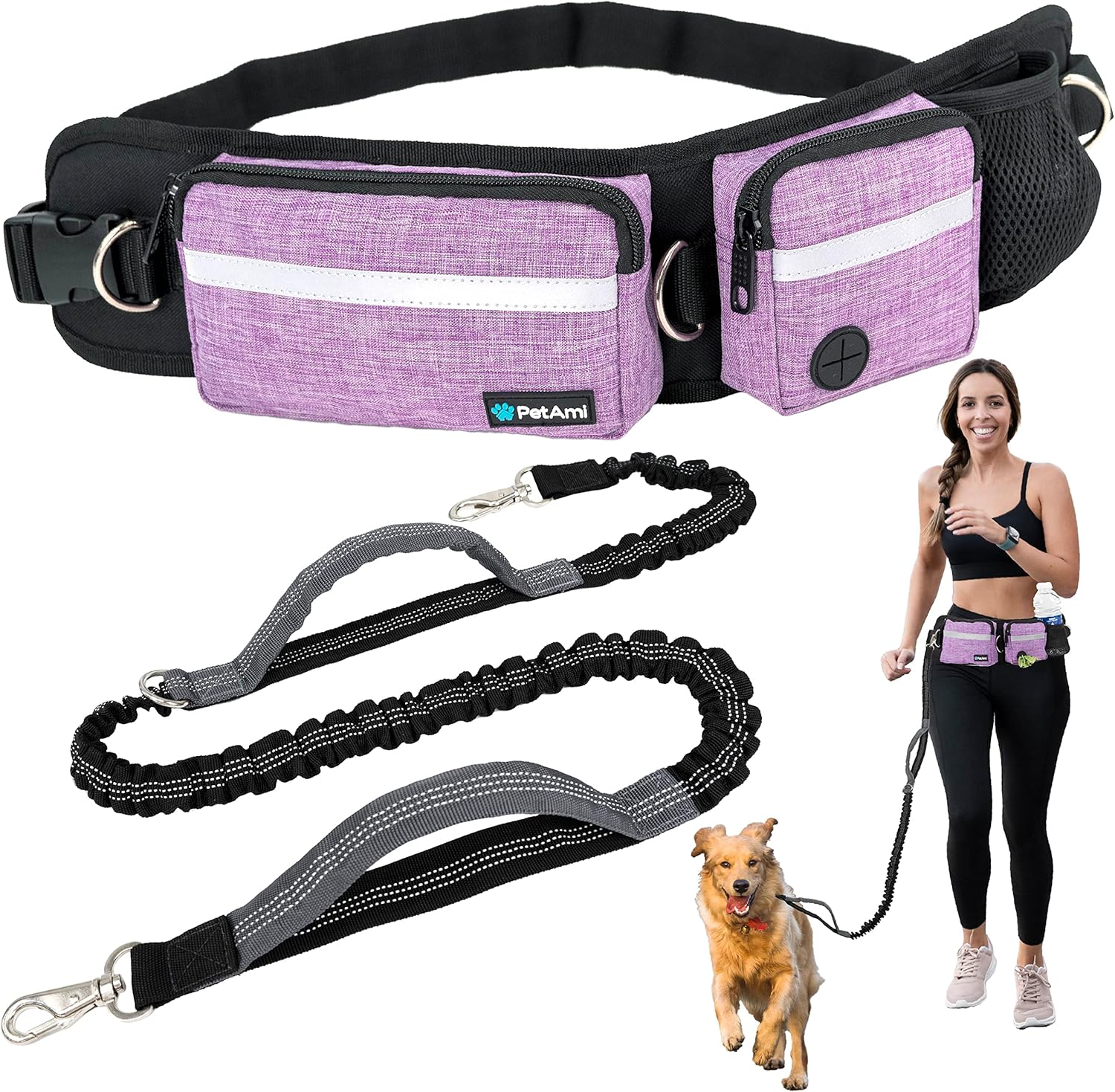 PetAmi Hands Free Dog Leash and waist belt purple front view
