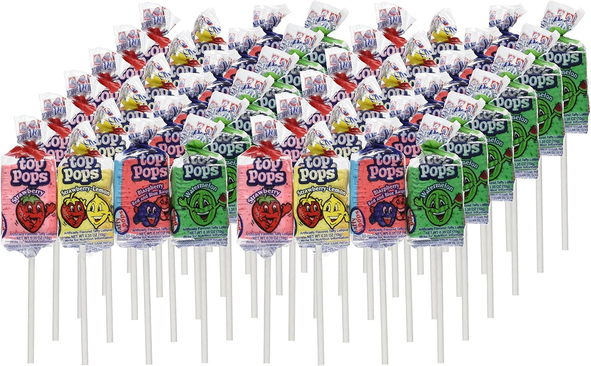 Top Pops bulk forty-eight count candy box showcasing American imported sweets packaging