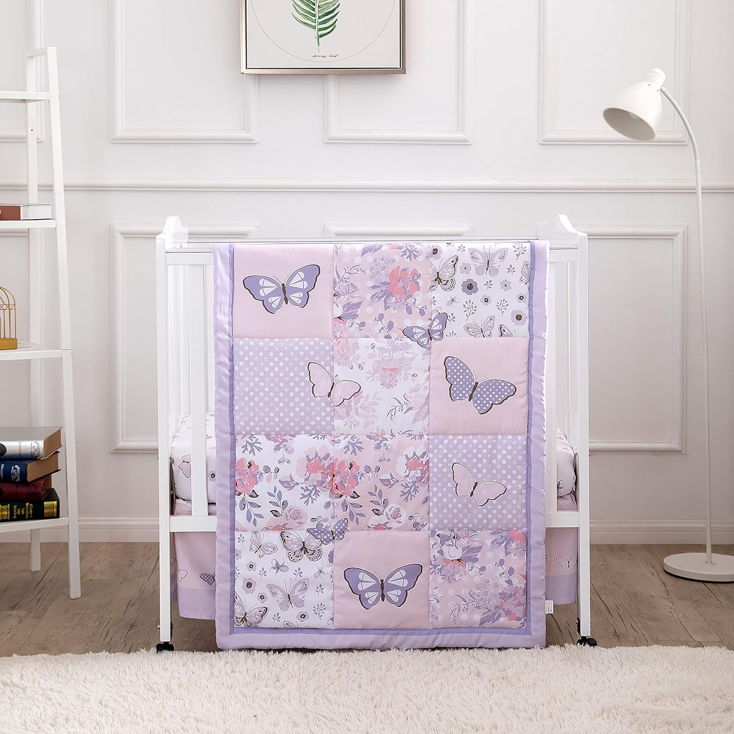La Premura Baby Mini Crib Bedding Set front view of pastel purple butterfly comforter