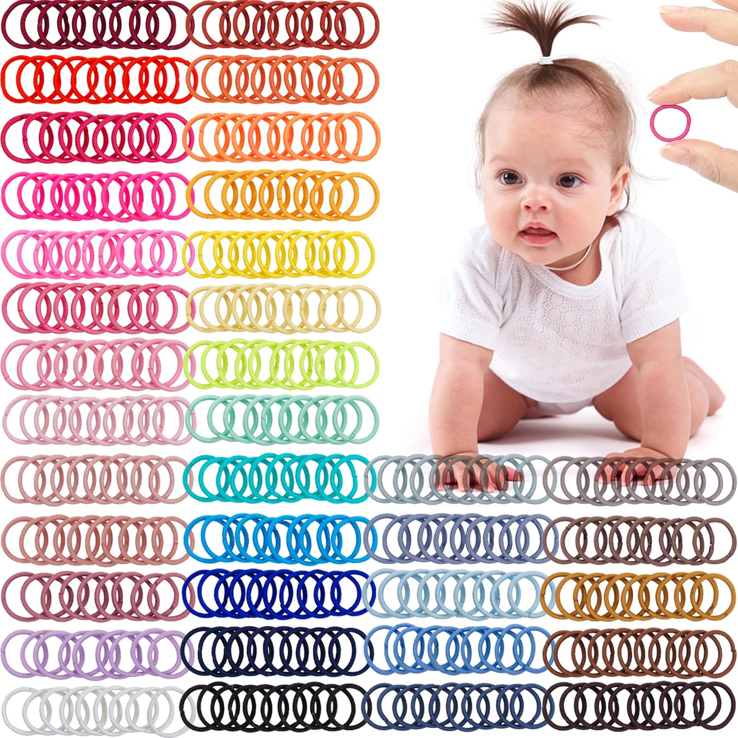 CÉLLOT baby hair ties front view showcasing thirty-six distinct vibrant colors of elastic bands arranged neatly.