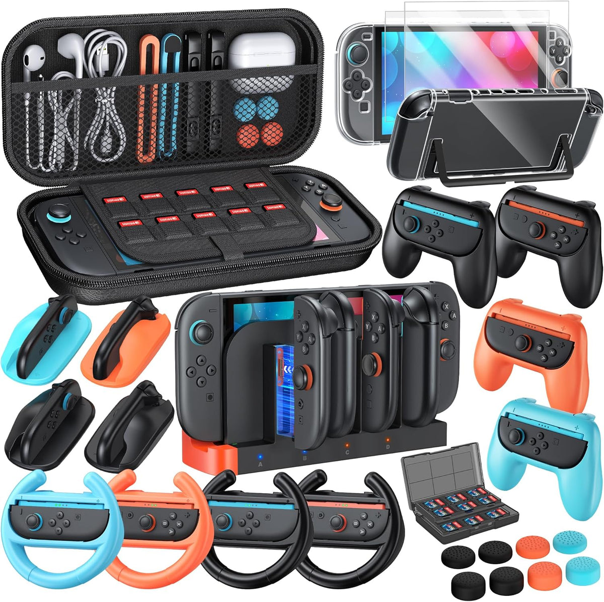 YUANHOT 32 in 1 family accessories bundle for Nintendo Switch 2 layout showcasing all items on front view.
