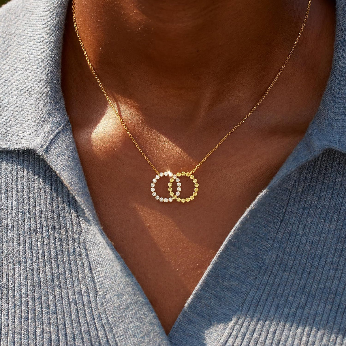 Close-up shot of the cubic zirconia crystal embellishments on the necklace