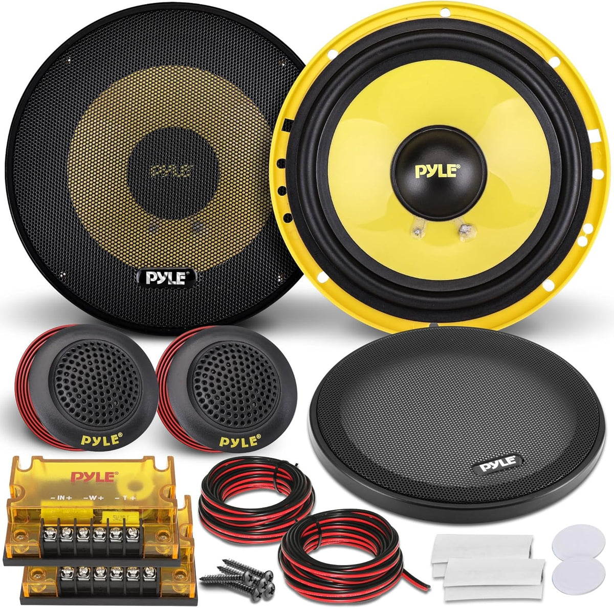Pyle PLG6C component speaker system yellow woofer front view premium car audio upgrade